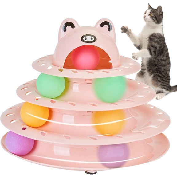 4-Tier Roller Track, Turntable  Tower  with Colorful Chase Balls, Multi-Level Interactive   for Bored Indoor Adult Cats, Fun Puzzle Kitten Exercise  Self Play ()