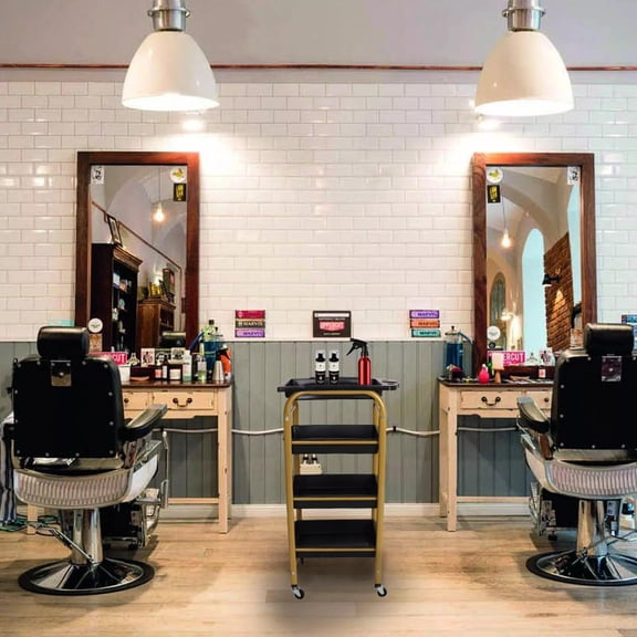 4 Tier Rolling Barber Utility Salon Cart with Wheels 17.32L X 12.09W X 32.28H Stylist Station with Hair Dryer Holders, Hair Tool Organizer Salon Storage Trolley - Gold
