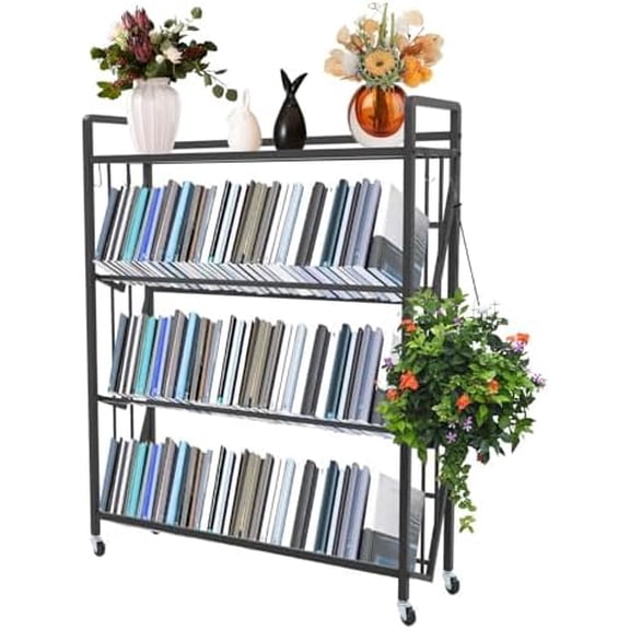 4 Tier Rolling Book Cart, 35.4"x9.8"x44" Metal Bookshelf on Wheels Large Capacity Mobile Book Storage Rack with 4 Hooks, Open Design for Home Office Living Room Classroom, Black$$Office