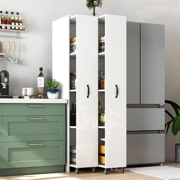 Double Pull Out Pantry Cabinet with Wheels, Slim Rolling Storage Cart for Kitchen, Freestanding 4-Tier Dual Slide Out Organizer for Laundry Room, Space Saving Wood Rack with Guardrails, 62"H White