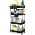 thumbnail image 1 of 4 Tier Rolling Cart, Metal Rolling Cart with Wheels with 3 Hanging Cups & 4 Hooks, Utility Cart, Multifunctional Storage Cart Organizer for Bathroom, Kitchen, Living Room, Office, Black, 1 of 14