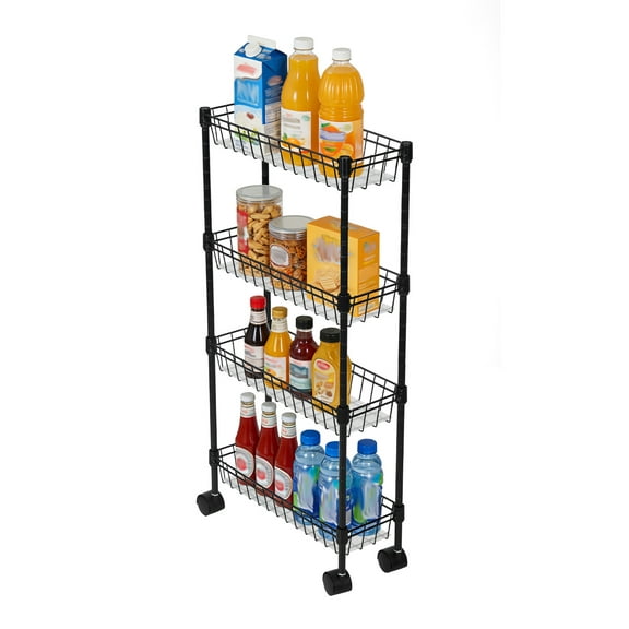 4-Tier Rolling Cart, Metal Utility Cart, Adjustable Shelving Unit Basket, Easy Assemble, Metal Shelving Units for Kitchen Bathroom Laundry Room Living Room & Narrow Corner