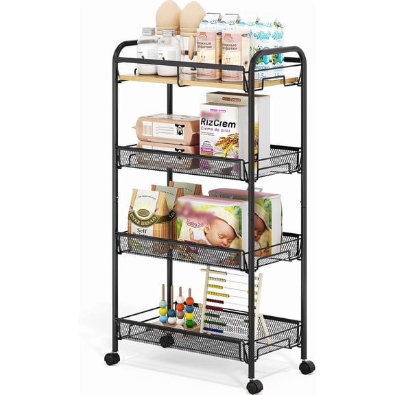 4-Tier Rolling Cart, Metal Utility Cart, Slide Out Storage Cart with Wooden Tabletop and Mesh Baskets, Easy Assemble Trolley for Kitchen Bathroom Laundry Room Bedroom Apartments Dormitory