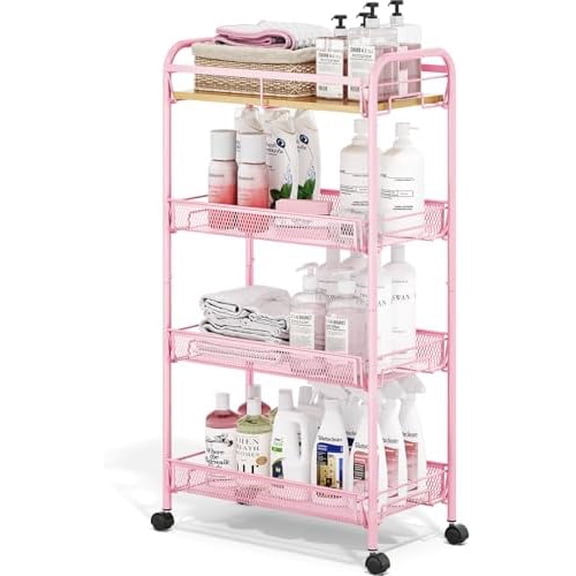 4-Tier Rolling Cart, Metal Utility Cart, Slide Out Storage Cart with Wooden Tabletop and Mesh Baskets, Easy Assemble Trolley for Kitchen Bathroom Laundry Room Bedroom Apartments Dormitory
