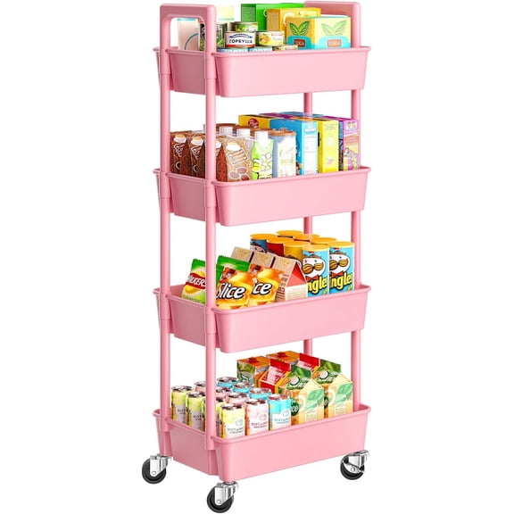 4-Tier Rolling Cart, Plastic Cart with Lockable Wheels & Reinforced Handle, Lightweight Utility Storage for Nursery, Bathroom, Craft Room, Pink