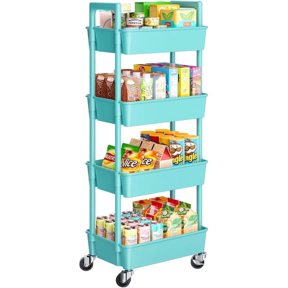 4-Tier Rolling Cart, Plastic Cart with Lockable Wheels & Reinforced Handle, Lightweight Utility Storage for Nursery, Bathroom, Craft Room