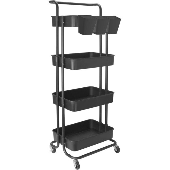 4 Tier Rolling Cart Rolling Utility Cart Storage Organizer Craft Cart with Hanging Cups and Handle Storage Trolley Mobile Utility Cart Storage Shelves with Lockable Wheels, Black