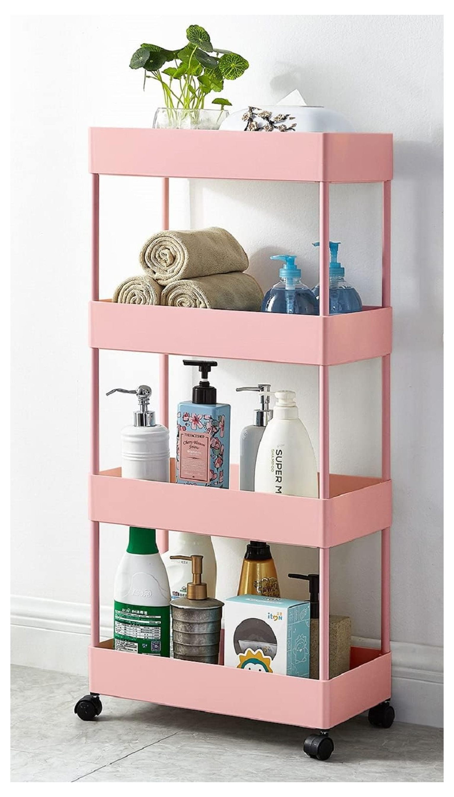 Pink 4-Tier Slim Plastic Rolling Storage Cart