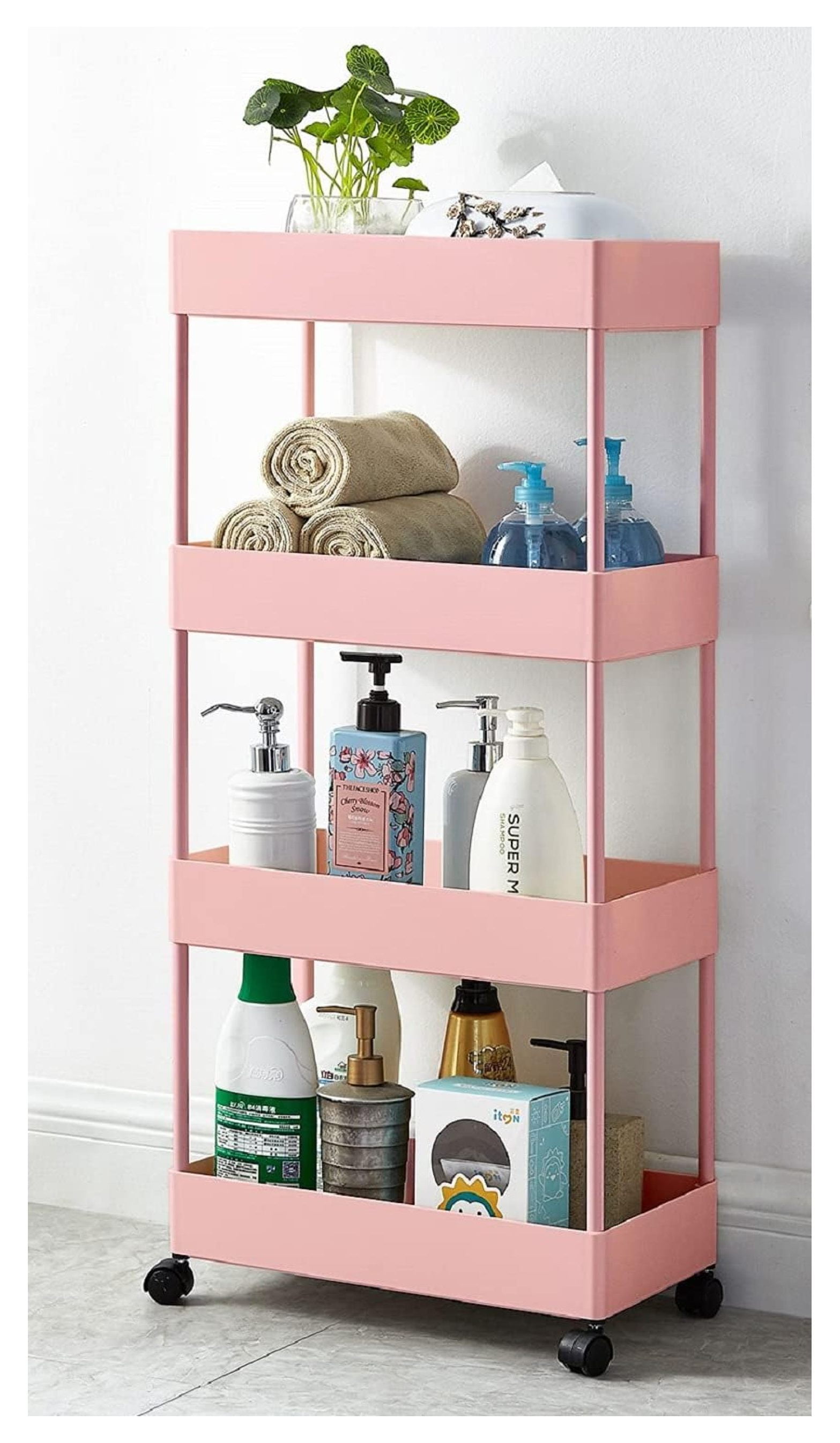 Pink 4-Tier Slim Plastic Rolling Storage Cart