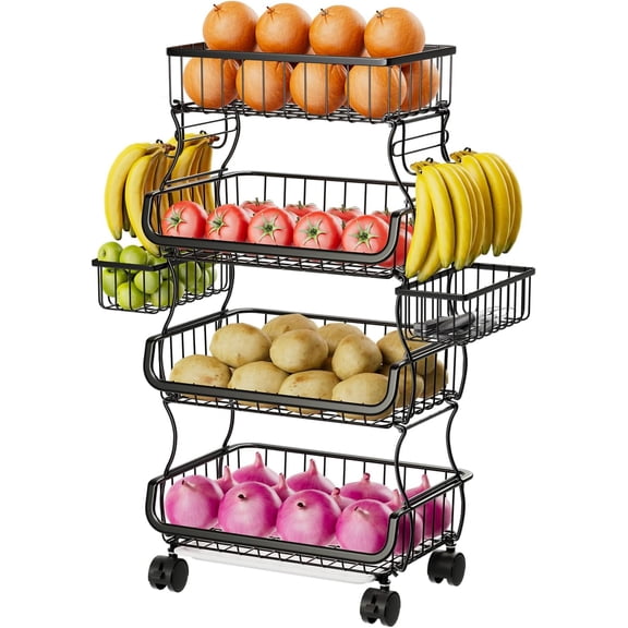 4 Tier Rolling Cart, Stackable Fruit Vegetable Basket with Wheels and 2 Hanging Basket, Kitchen Storage Metal Wire Basket Stand for Vegetable Snacks, Black