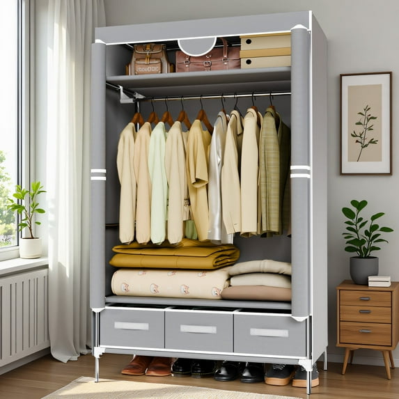 Portable Closet Organizer with 3 Storage Drawers, Non-Woven Fabric Wardrobe Closet Organizers and Storage, Hanging Clothing Rack for Rentals, Dorms, Bedrooms, Light Gray