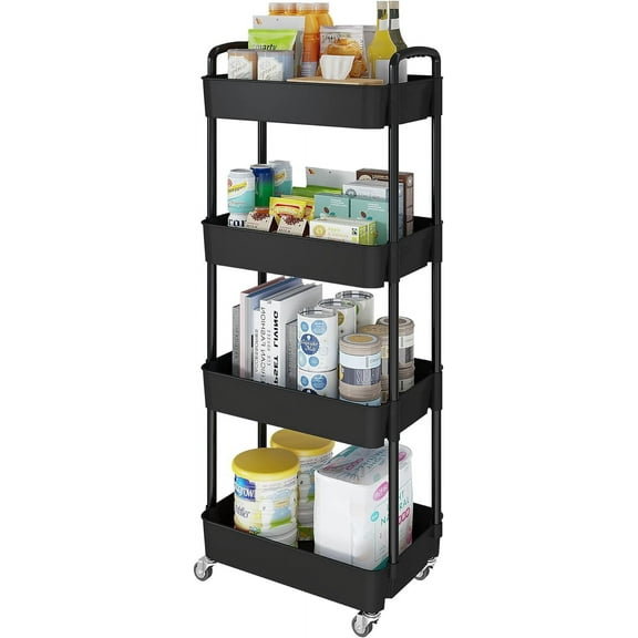 4-Tier Rolling Cart with Wheels,Multifunction Utility Storage Carts, Kitchen Storage Organizer,Mobile Shelving Unit for Bathroom,Laundry,with Classified Stickers,Black