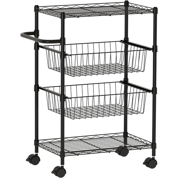 4 Tier Rolling Carts,Metal Wire Utility Cart with Wheels & Handle Bar,110 Lbs Heavy Duty Kitchen Serving Trolley Food Storage Cart for Restaurant,Kitchen Mobile Shelf Organizer