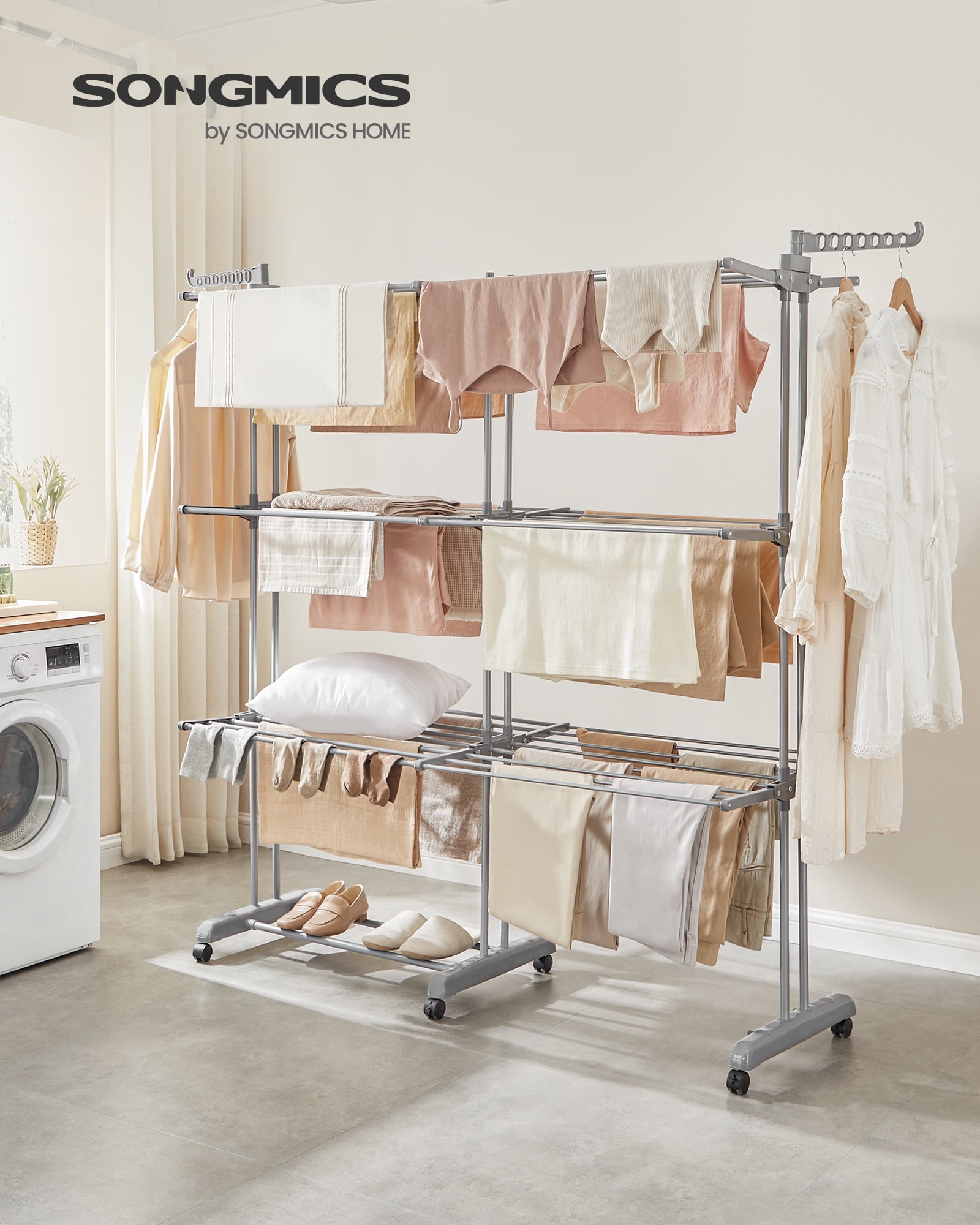 4-Tier Rolling Clothes Drying Rack - Extendable Stainless Steel Laundry ...