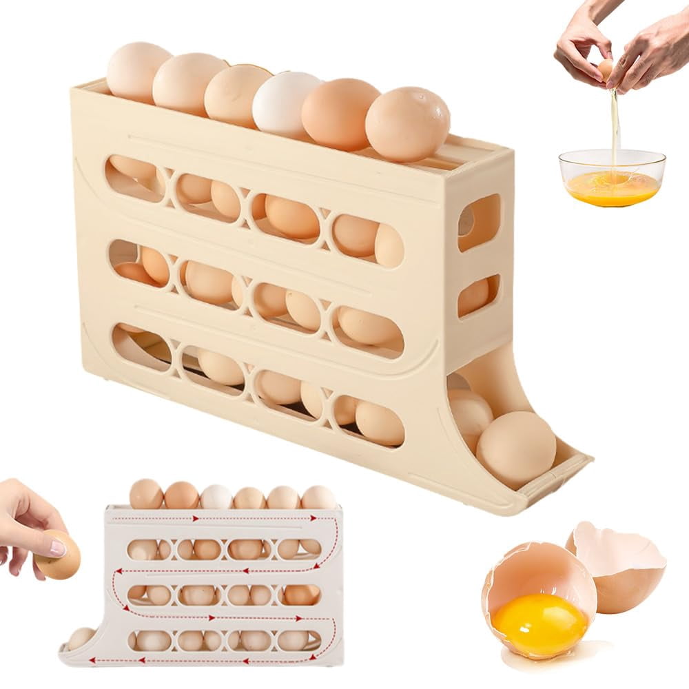 4-Tier Rolling Egg Dispenser for Fridge, Holds 30 Eggs, Plastic Space-Saving Egg Organizer