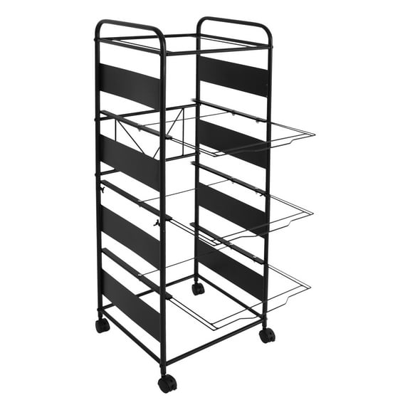 4-Tier Rolling File Cart, Wall Mount File Holder, Black Steel Frame, Anti-Fall Screws, Wheels, Ideal for Organizing Office Documents and Supplies