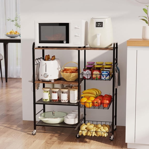 Rolling Kitchen Microwave Cart - 4 Tier Storage with Pull-Out Baskets and Wheels