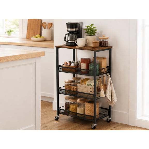 4-Tier Rolling Kitchen Storage Cart, Utility Cart with Wooden Tabletop & Metal Baskets, Fruit Vegetable Basket for Kitchen, 3-S Hooks, Rustic Brown and Black