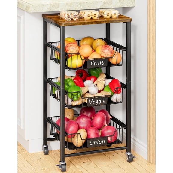 4-Tier Rolling Kitchen Storage Cart with Wood Top and Wire Baskets Black