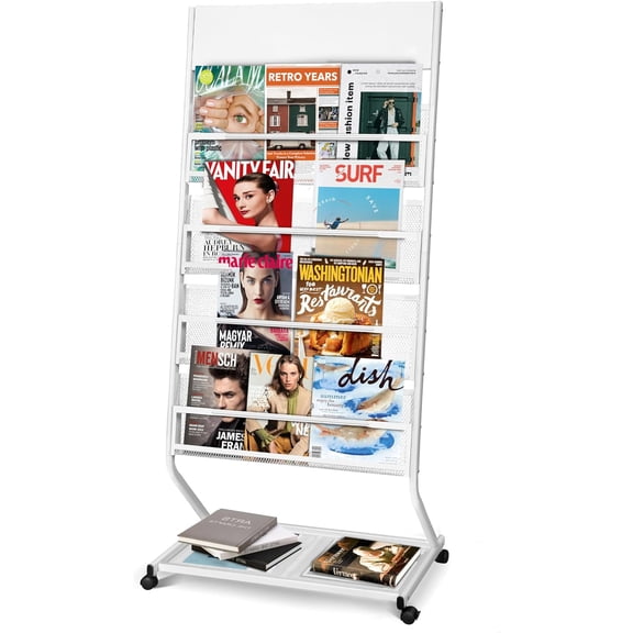 4-Tier Rolling Magazine Rack with Wheels, Heavy Duty Metal Literature Organizer Stand, Freestanding Brochure Display Holder for Office, School, Library, Reception Area