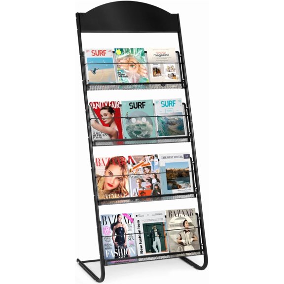 4-Tier Rolling Magazine Rack with Wheels, Heavy Duty Metal Literature Organizer Stand, Freestanding Brochure Display Holder for Office, School, Library, Reception Area