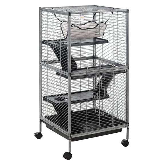 4-Tier Rolling Metal Small Animal Cage with Hammock & Removable Pull-out Tray, Large Multi-Level Ferret Chinchilla Sugar Glider Cage with Lockable Doors & Universal Casters, Gray 20.5"20.5"44.75"