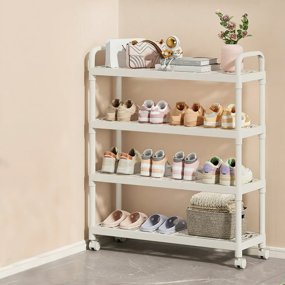 4-Tier Rolling Shoe Rack & Storage Shelf, White Plastic Utility Cart with Wheels, Perforated Shelves Space-Saving Organizer for Shoes, Kitchen, Bathroom, Office
