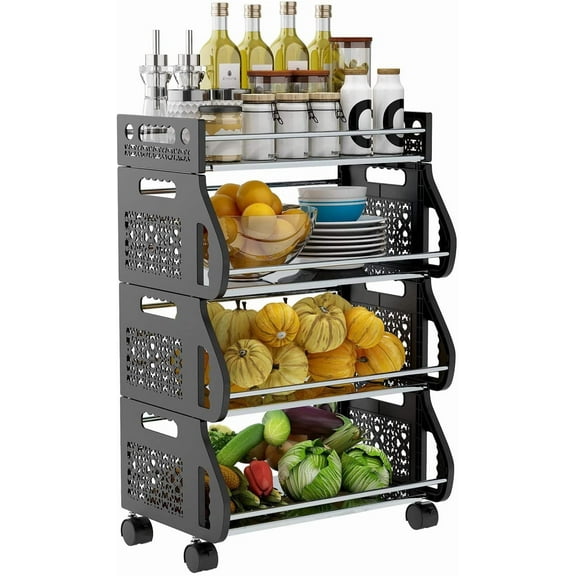 4-Tier Rolling Stackable Vegetable Fruit Basket Utility Cart Rack
