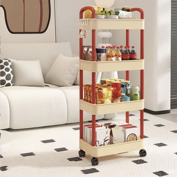 4-Tier Rolling Storage Cart with Armrests | Kitchen, Bathroom & Living Room Organizer | 35x22x97cm Plastic Utility Cart with Wheels in Red, Pink, Yellow, White