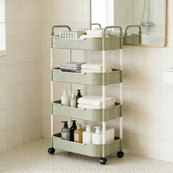 4-Tier Rolling Storage Cart with Armrests | Kitchen Bathroom Living Room Organizer | Plastic Shelving Unit with Wheels for Toiletries, Snacks, Books & Toys