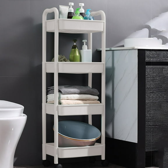 4-Tier Rolling Storage Cart with Armrests | Plastic Kitchen Bathroom Organizer | 38x26x105 cm | White/Gray/Green | Ventilated Shelves & Smooth Casters