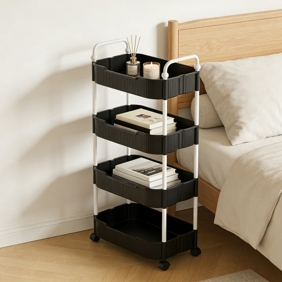 4-Tier Rolling Storage Cart with Armrests | Versatile Kitchen Bathroom Living Room Organizer | Plastic Shelving Unit with Wheels for Home Organization