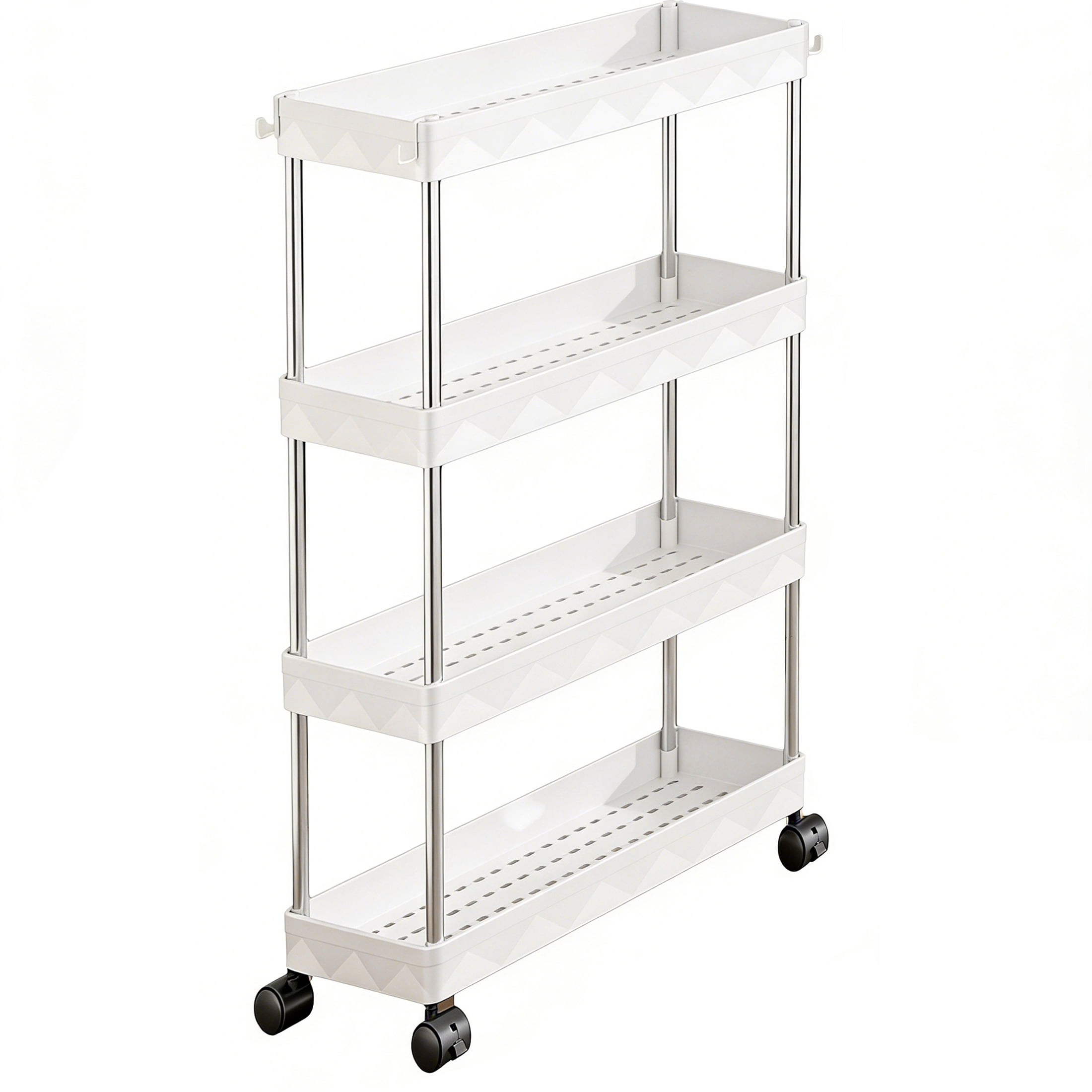Slim Rolling Storage Cart, 4-Tier Bathroom Laundry Organizer Mobile Cart, Portable Slim Storage Cart with Lockable Wheels, Mobile Utility Cart for Kitchen, Bathroom, Laundry Room, White