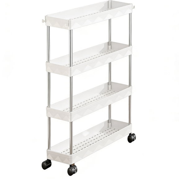 4-Tier Slim Rolling Storage Cart, Portable Slim Storage Cart with Lockable Wheels, Bathroom Laundry Organizer Mobile Cart, Mobile Utility Cart for Kitchen, Bathroom, Laundry Room, White