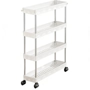 Slim Rolling Storage Cart, 4-Tier Bathroom Laundry Organizer Mobile Cart, Portable Slim Storage Cart with Lockable Wheels, Mobile Utility Cart for Kitchen, Bathroom, Laundry Room, White