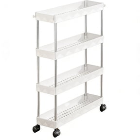 Slim Rolling Storage Cart, 4-Tier Bathroom Laundry Organizer Mobile Cart, Portable Slim Storage Cart with Lockable Wheels, Mobile Utility Cart for Kitchen, Bathroom, Laundry Room, White