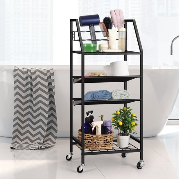 4‑Tier Metal Bathroom Cart on Wheels, Freestanding Rolling Storage Shelf with Towel Rack & Hair Dryer Holder for Bathroom, Laundry, Kitchen – Black