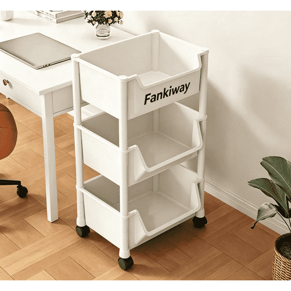 Fankiway Bedroom furniture 4-Tier Rolling Storage Cart Narrow Space Organizer with Wheels and Brake White Plastic 13-inch