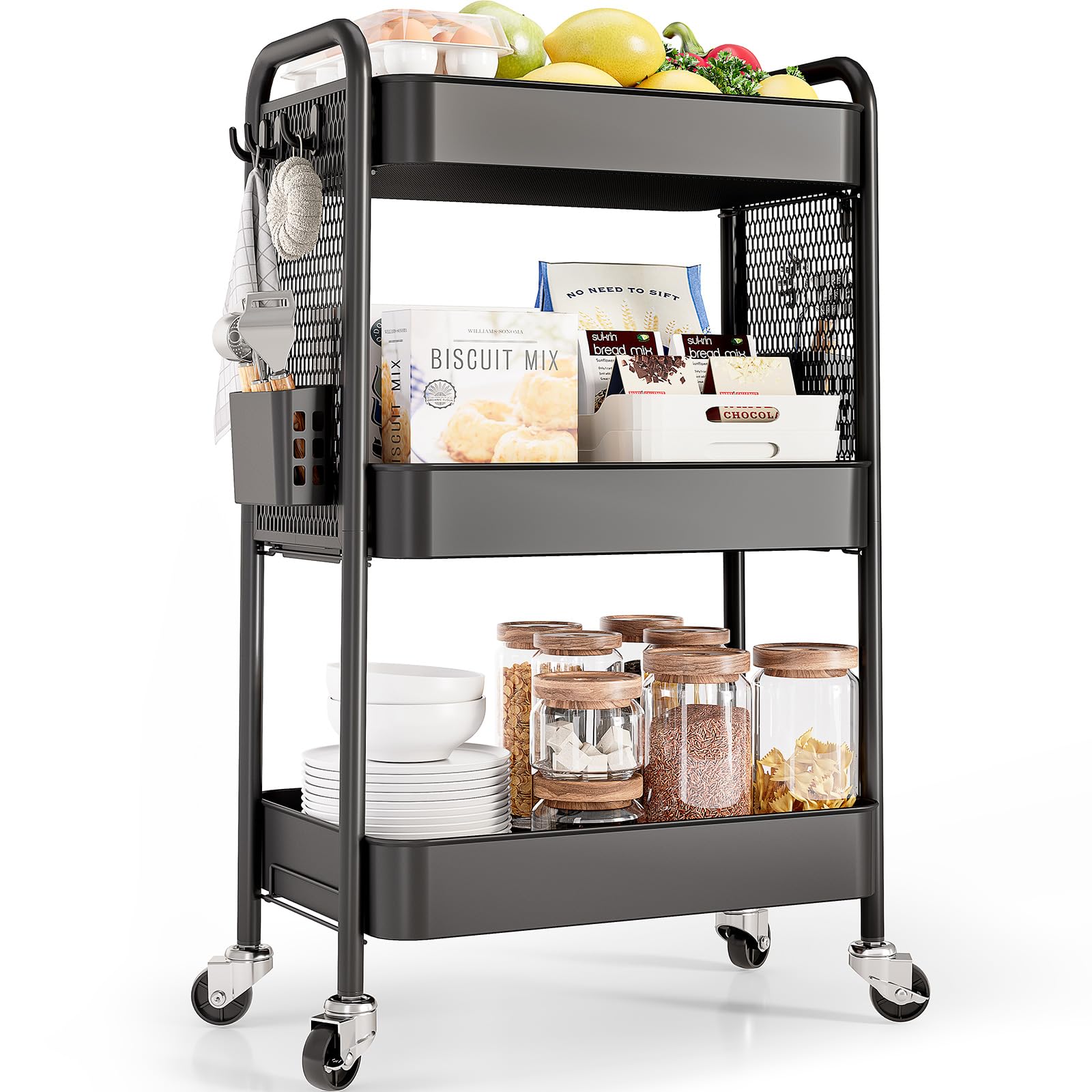4 Tier Rolling Storage Cart with Pegboard, Metal Organizer Cart with Wheels, Hooks & Bins, Sturdy Multi-Purpose Storage for Bathroom, Kitchen, Office, Nursery