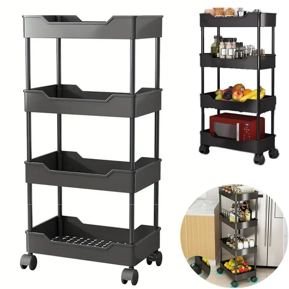 4-Tier Rolling Storage Cart, Plastic Storage Baskets Utility Cart Organizer Mobile Shelving Unit Rolling Trolley for Living Room, Bedroom, Kitchen, Bathroom, Small Narrow Spaces, Black