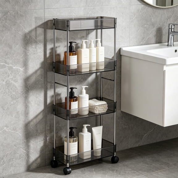 4 Tier Rolling Storage Cart | Slim Narrow Rolling Cart with Wheels | Space Saving Gap Organizer for Bathroom Kitchen Laundry Room | Clear Acrylic Trolley for Small Spaces and Tight Corners