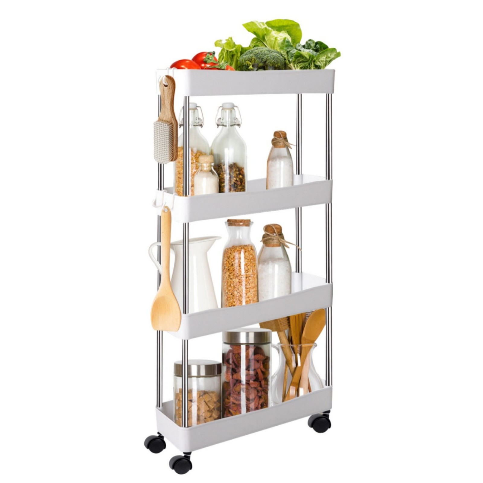 Slim Storage Cart, 5 Tier Slide Out Storage Tower White