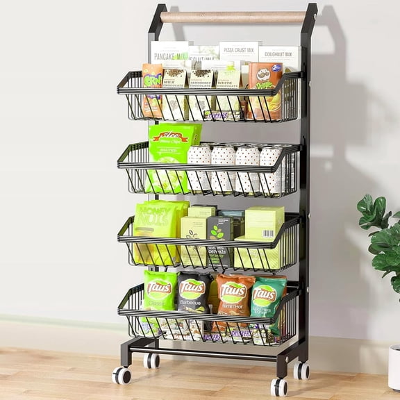4 Tier Rolling Storage Cart with Solid Wood Handle, Rustproof Metal Frame, Adjustable Detachable Baskets, 360 Degree Swivel Wheels for Kitchen Pantry Fruit Vegetable Snack Organization