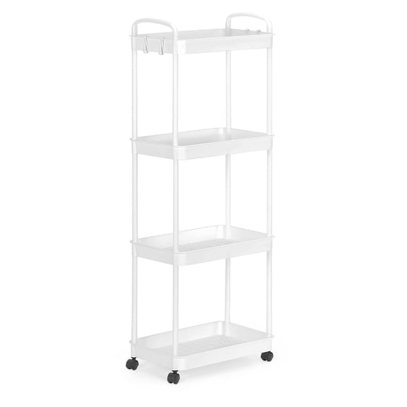 4-Tier Rolling Storage Cart - White Mobile Utility Organizer with Locking Wheels & Stickers for Kitchen, Bathroom & Laundry