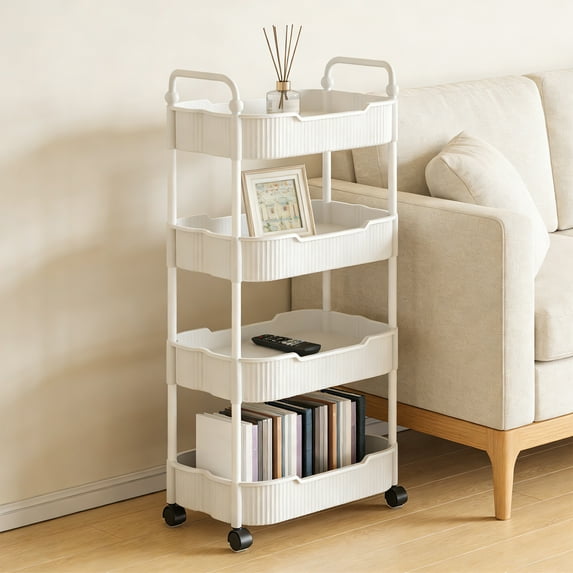 4-Tier Rolling Storage Cart with Armrests | Versatile Kitchen, Bathroom & Living Room Organizer | White Plastic Mobile Utility Cart