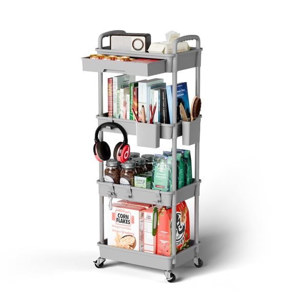 4 Tier Rolling Storage Cart with Drawer, Narrow Mobile Shelving Unit on Wheels for Bathroom Kitchen Office Laundry, Gray