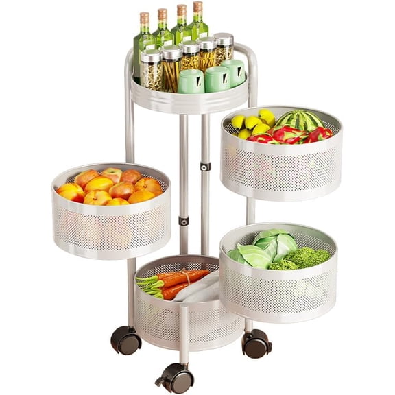 4-Tier Rolling Storage Cart with Lockable Wheels Carbon Steel Kitchen Organizer Mesh Basket Utility Rack 30.7 In Tall White