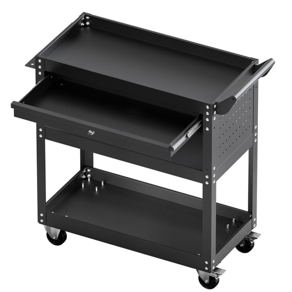4-Tier Rolling Tool Cart, 350 lb Load Capacity, Drawer & Pegboard, Locking System for Garage Workshop, Black.