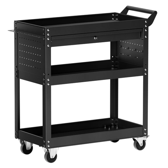 4-Tier Rolling Tool Cart with Lock, 350 lb Capacity, Drawer & Pegboard, Black