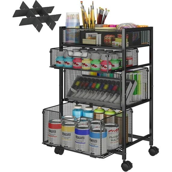 4-Tier Rolling Utility Cart with 3 Drawers, Craft Organizer and Storage with DIY Divider, Art-Craft Supplies with Caster Wheels, Multi-Functional Storage for Classroom, Office, Paints, Artifacts